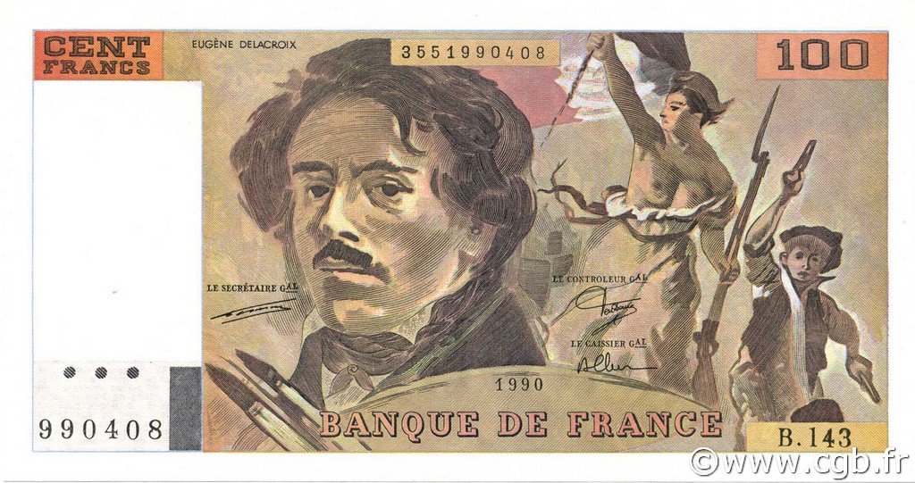100 Francs DELACROIX imprimé en continu FRANCIA  1990 F.69bis.01bB SC+