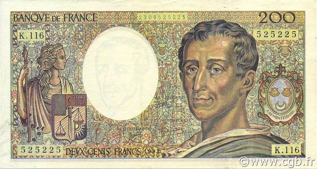 200 Francs MONTESQUIEU FRANKREICH  1992 F.70.12b fST+