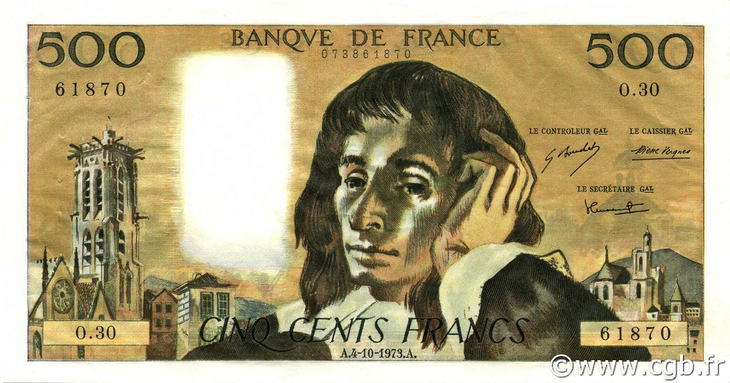 500 Francs PASCAL FRANCE  1973 F.71.09 XF