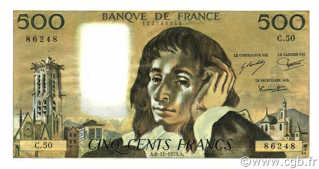 500 Francs PASCAL FRANCE  1975 F.71.13 UNC