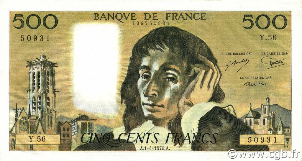 500 Francs PASCAL FRANCE  1976 F.71.14 XF+