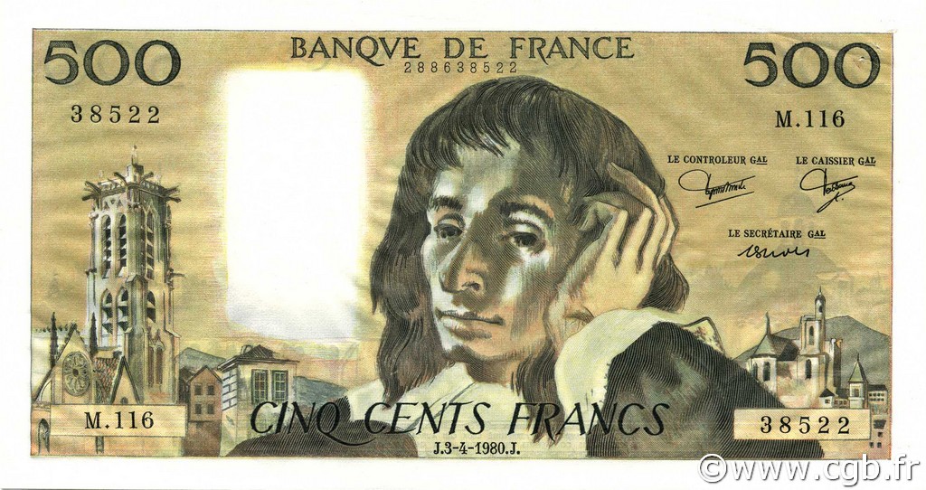 500 Francs PASCAL FRANCE  1980 F.71.21 AU