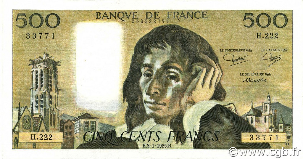 500 Francs PASCAL FRANCE  1985 F.71.32 XF - AU