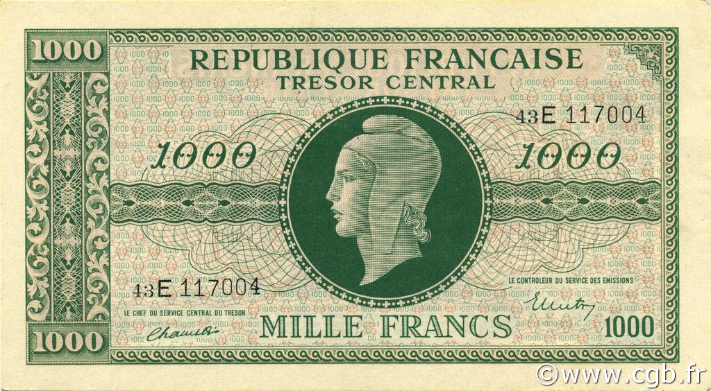1000 Francs MARIANNE chiffres maigres FRANCIA  1945 VF.13.02 q.FDC