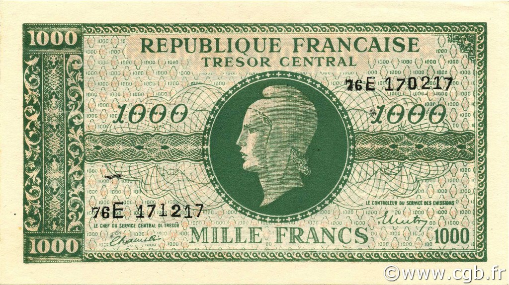 1000 Francs MARIANNE chiffres maigres FRANCE  1945 VF.13.02 UNC