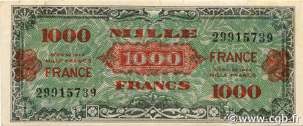 1000 Francs FRANCE FRANCE  1944 VF.27.01x XF