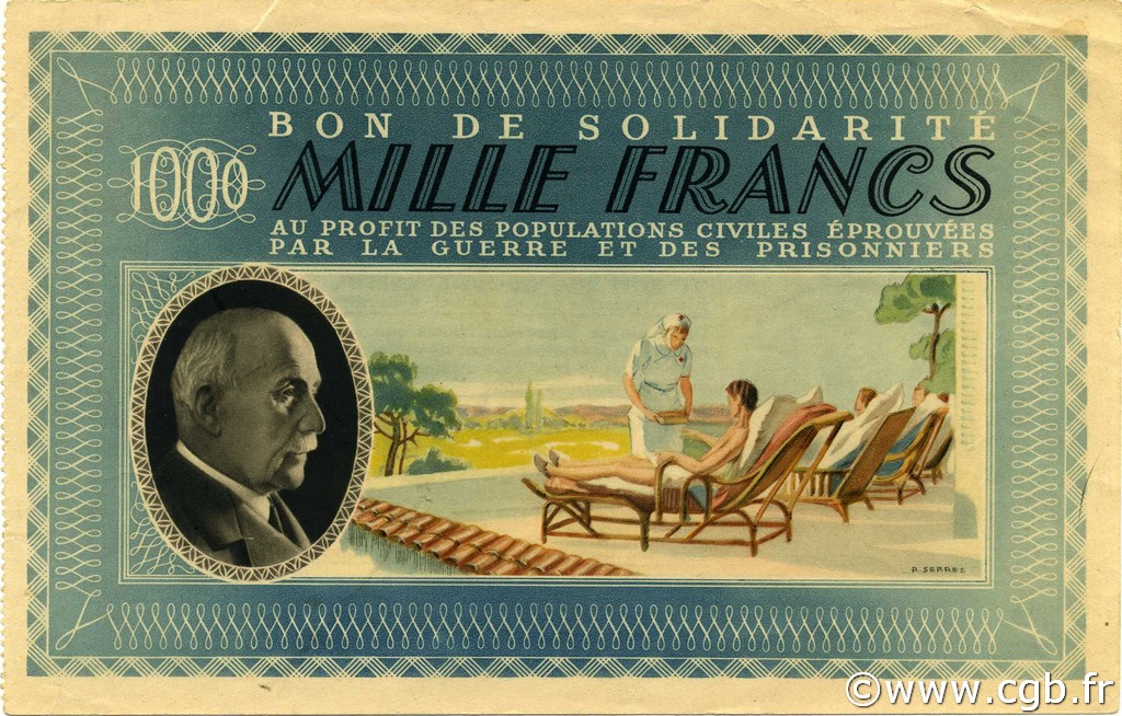 1000 Francs BON DE SOLIDARITE FRANCE Regionalismus und verschiedenen  1941 KL.12 fST