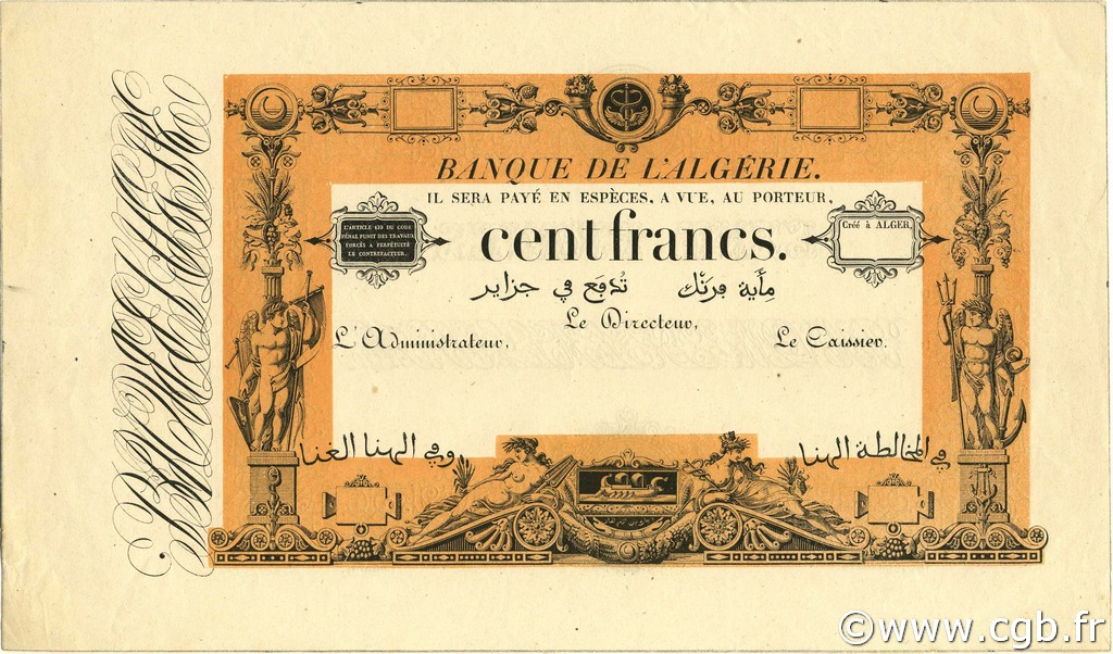 100 Francs ALGERIEN  1852 P.010s fST