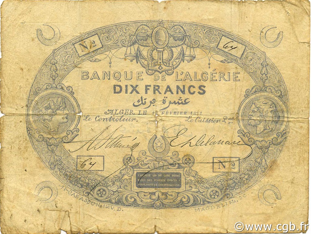10 Francs ARGELIA  1871 P.014 RC+