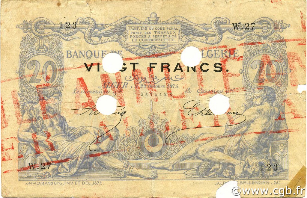 20 Francs ALGERIA  1874 P.015 VG