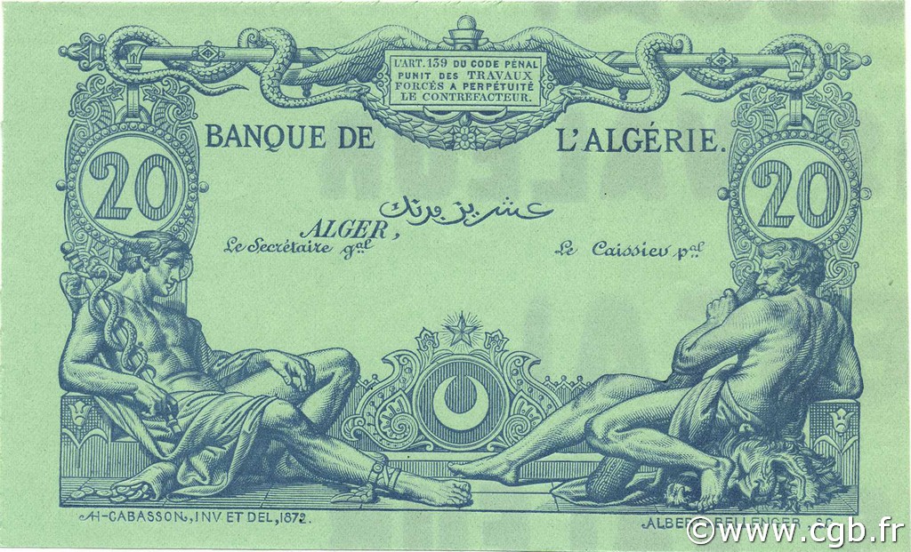 20 Francs Essai ALGERIA  1873 P.015s UNC-