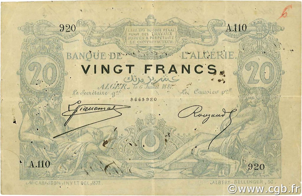 20 Francs ALGERIA  1887 P.015x VF