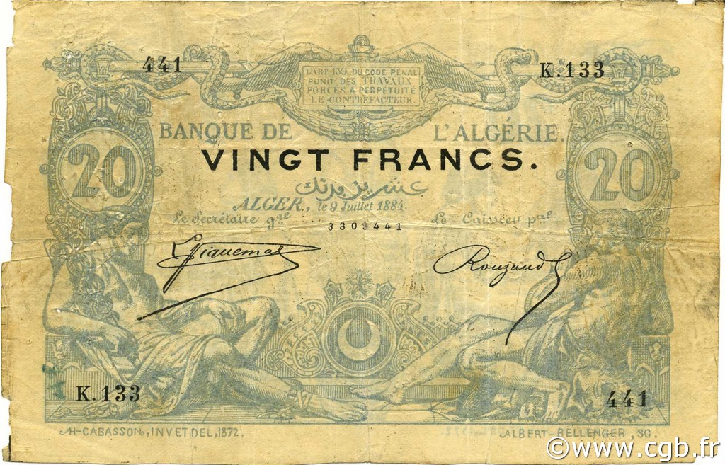 20 Francs ALGERIA  1884 P.015x q.MB