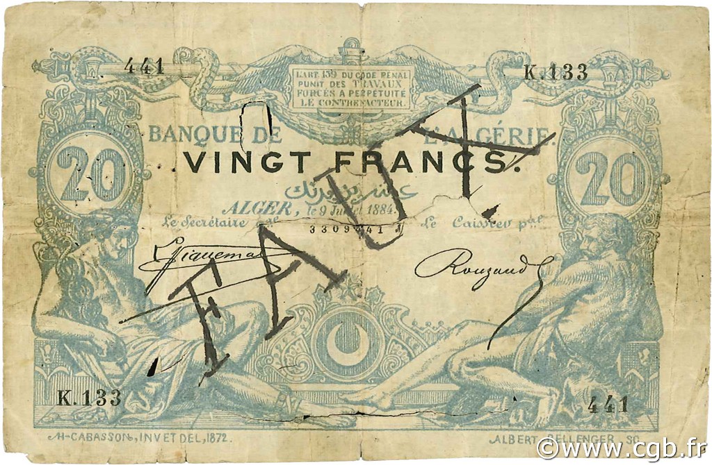 20 Francs Faux ARGELIA  1884 P.015x RC+