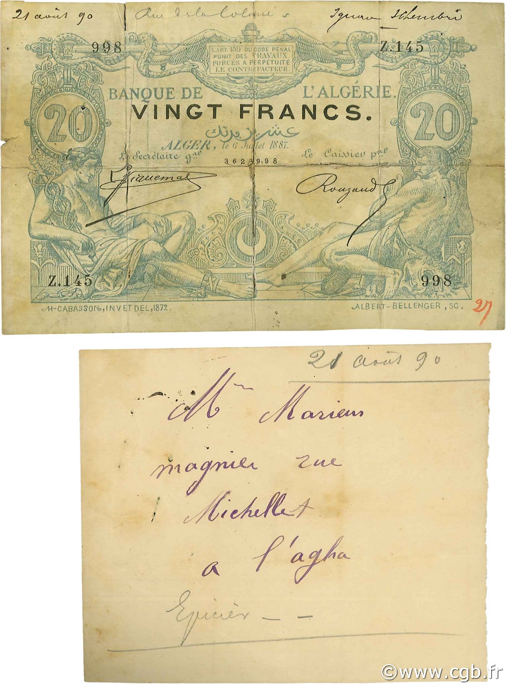 20 Francs ALGERIA  1887 P.015x q.MB