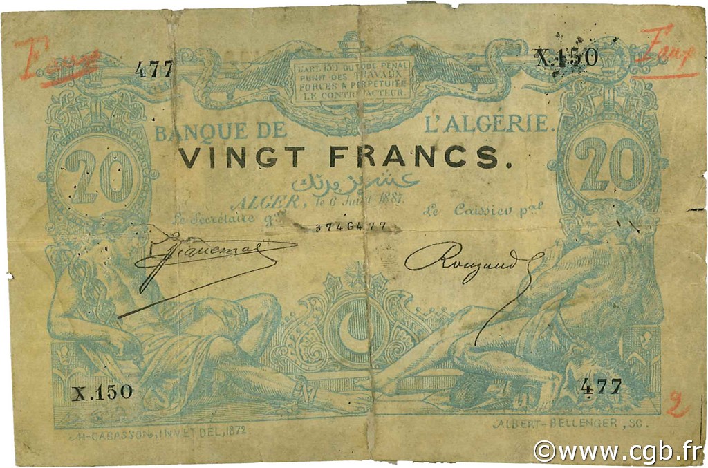 20 Francs Faux ALGERIA  1887 P.015x q.MB