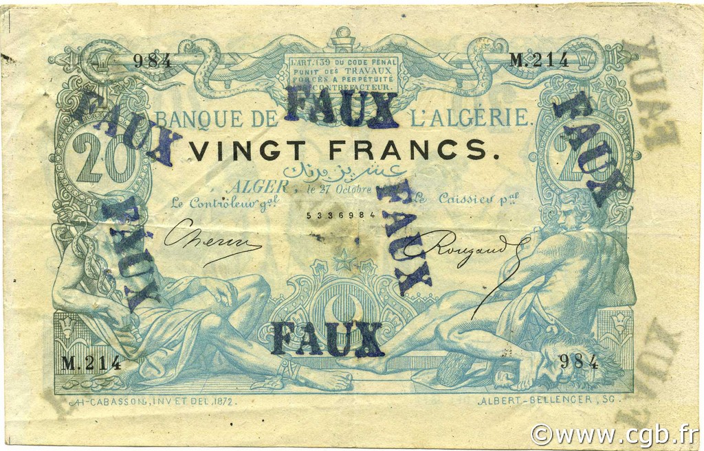 20 Francs Faux ALGÉRIE  1892 P.015x TTB