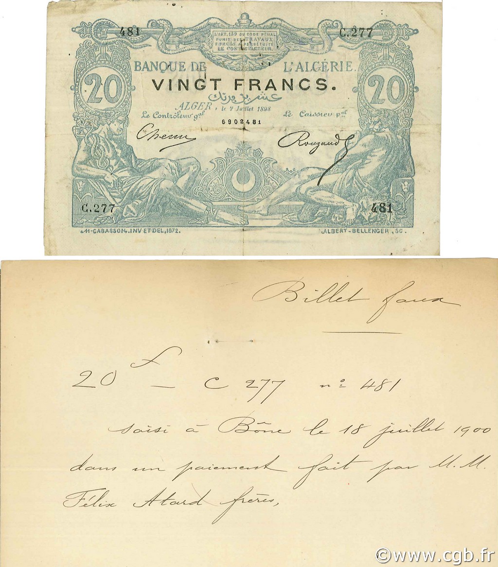 20 Francs Faux ALGERIA  1898 P.015x BB