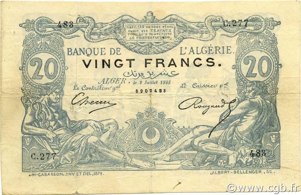 20 Francs ALGERIA  1898 P.015x BB
