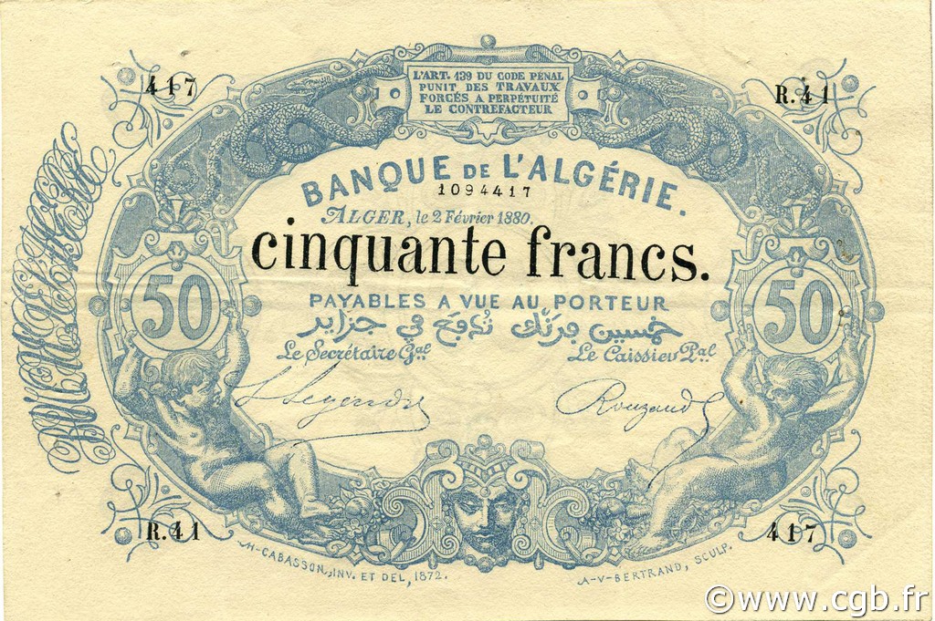 50 Francs ALGERIEN  1880 P.017x fVZ