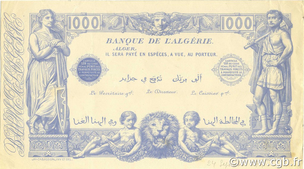 1000 Francs ALGERIEN  1874 P.020 fST+