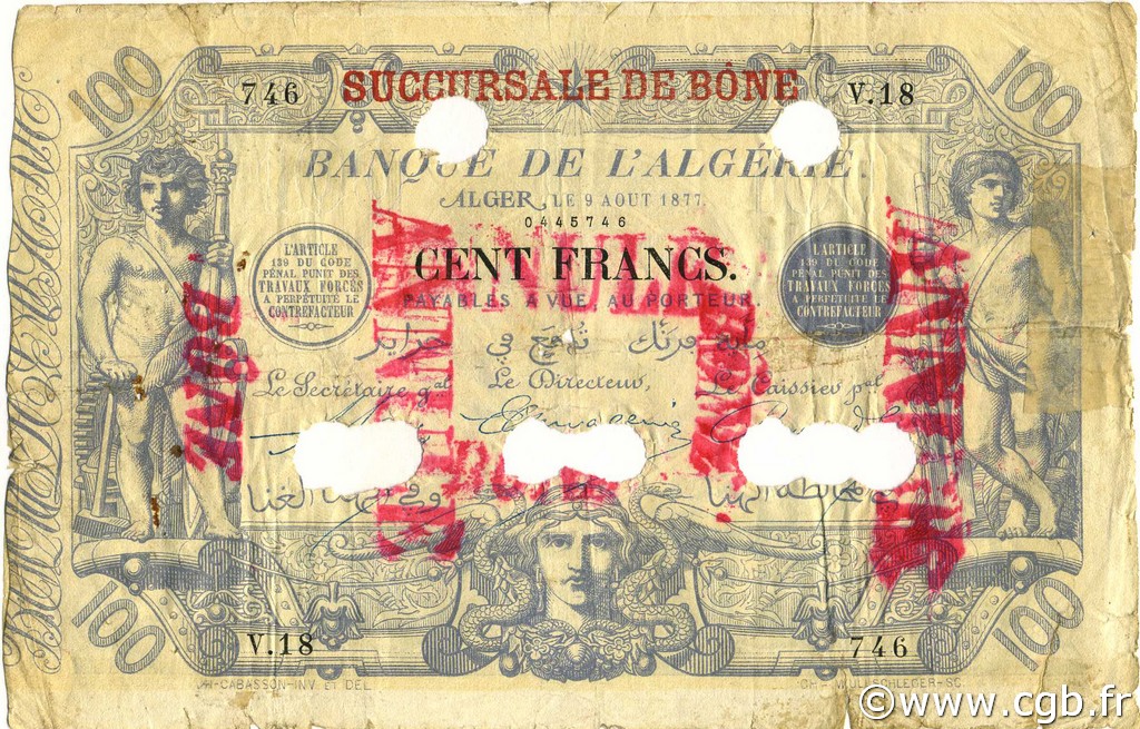 100 Francs ARGELIA  1877 P.027 RC+