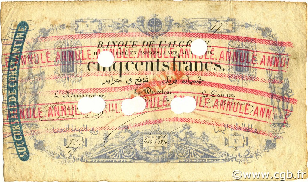 500 Francs ALGERIA  1870 P.038 VF-
