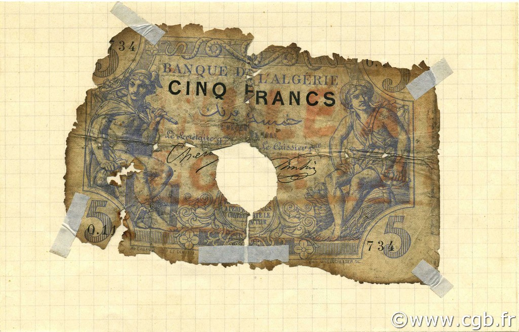 5 Francs ALGÉRIE  1909 P.071a AB