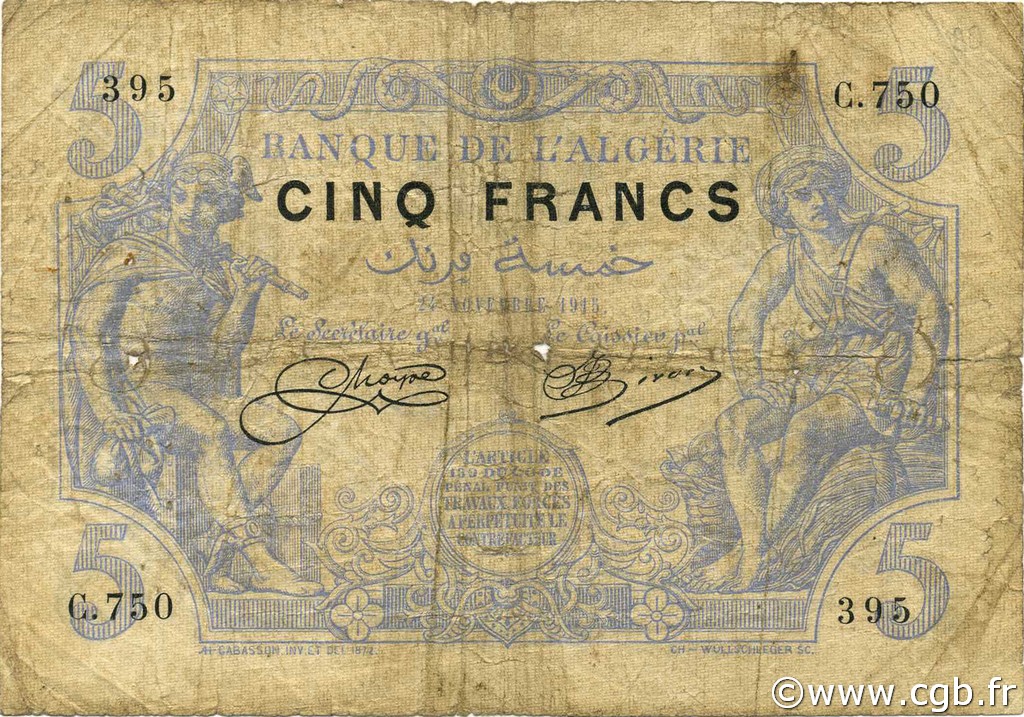 5 Francs ARGELIA  1915 P.071a RC+
