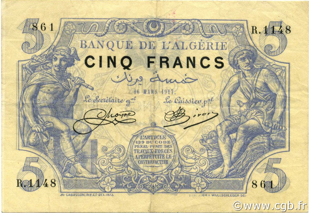 5 Francs ARGELIA  1917 P.071b MBC