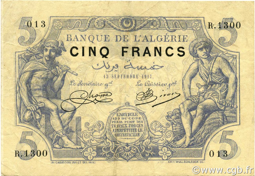 5 Francs ALGÉRIE  1917 P.071b TTB+