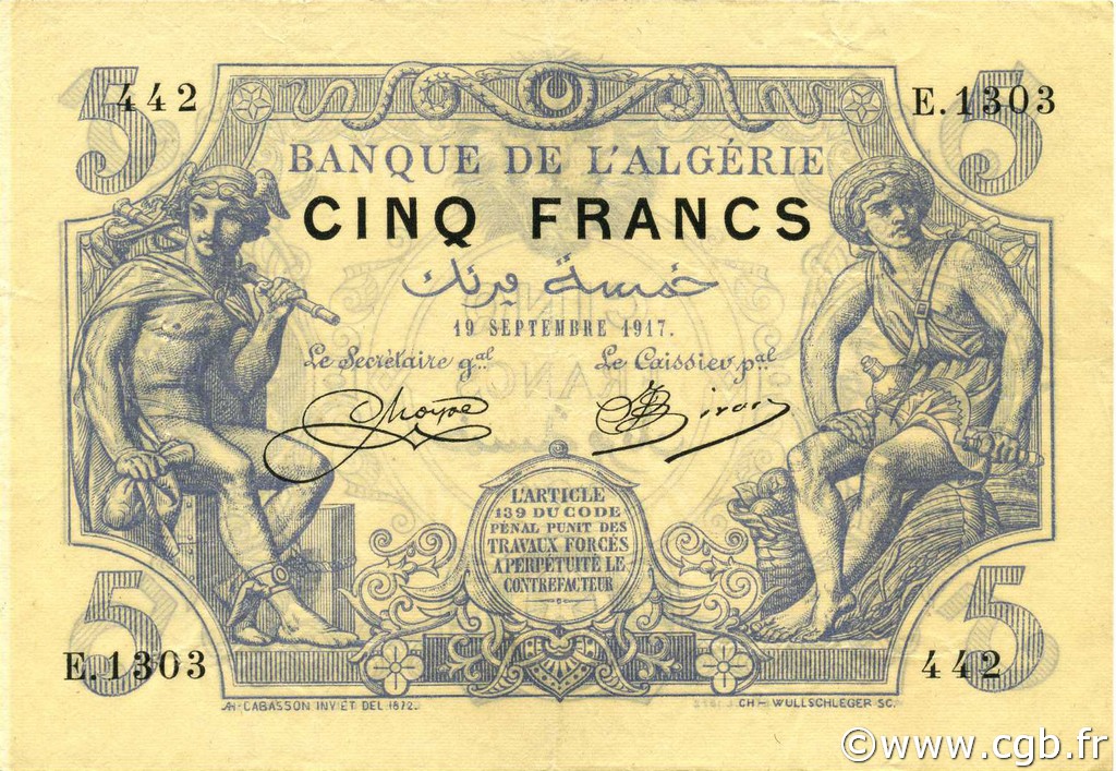 5 Francs ALGERIA  1917 P.071b q.SPL