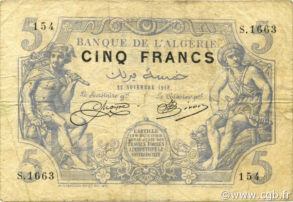 5 Francs ALGERIA  1918 P.071b MB