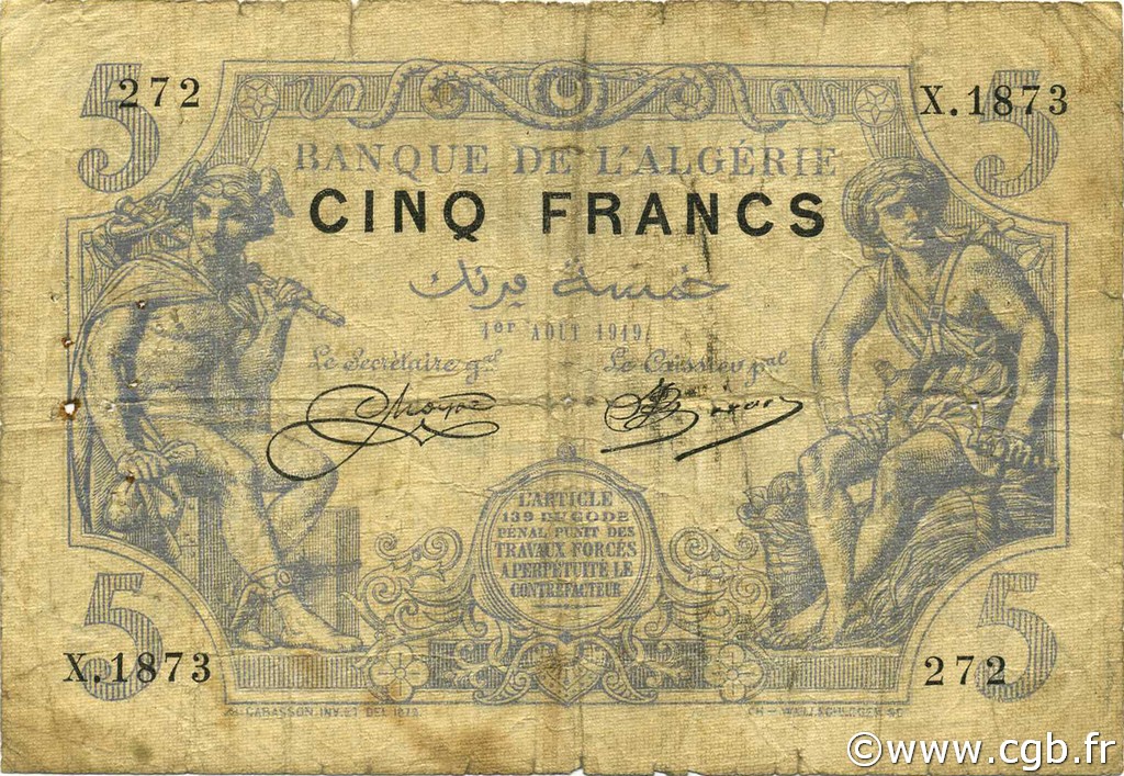 5 Francs ALGERIA  1919 P.071b B