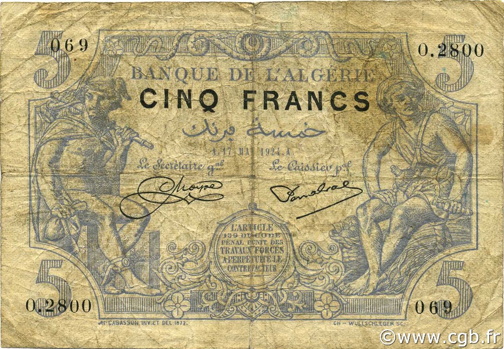 5 Francs ARGELIA  1924 P.071b RC+