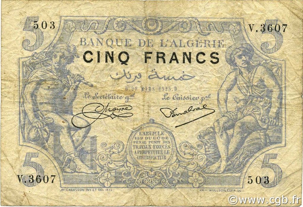 5 Francs ALGERIA  1925 P.071b F