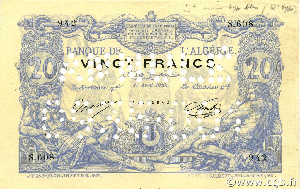 20 Francs ALGERIA  1910 P.072s XF