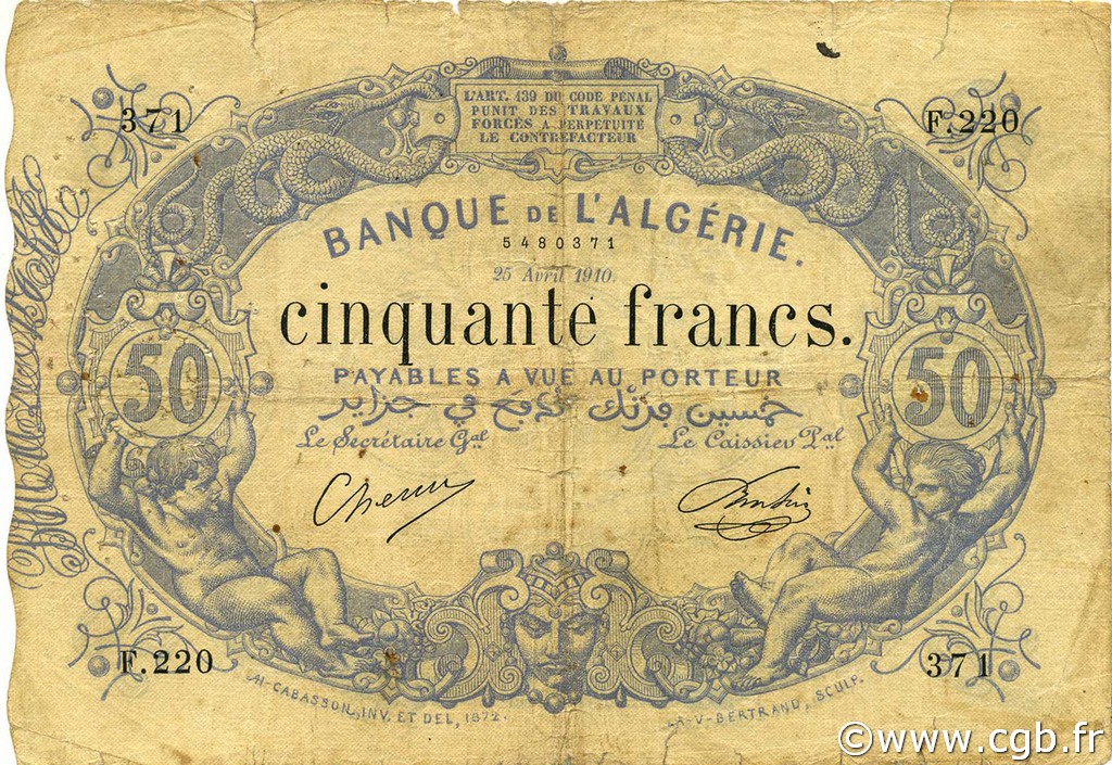 50 Francs ALGERIA  1910 P.073 F