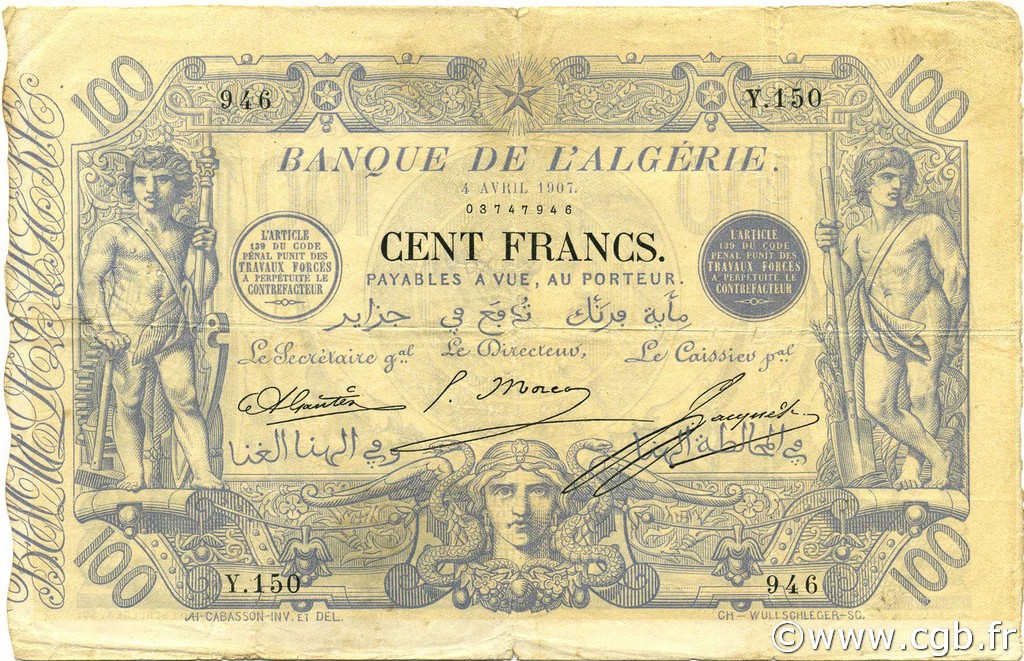 100 Francs ARGELIA  1907 P.074 BC+