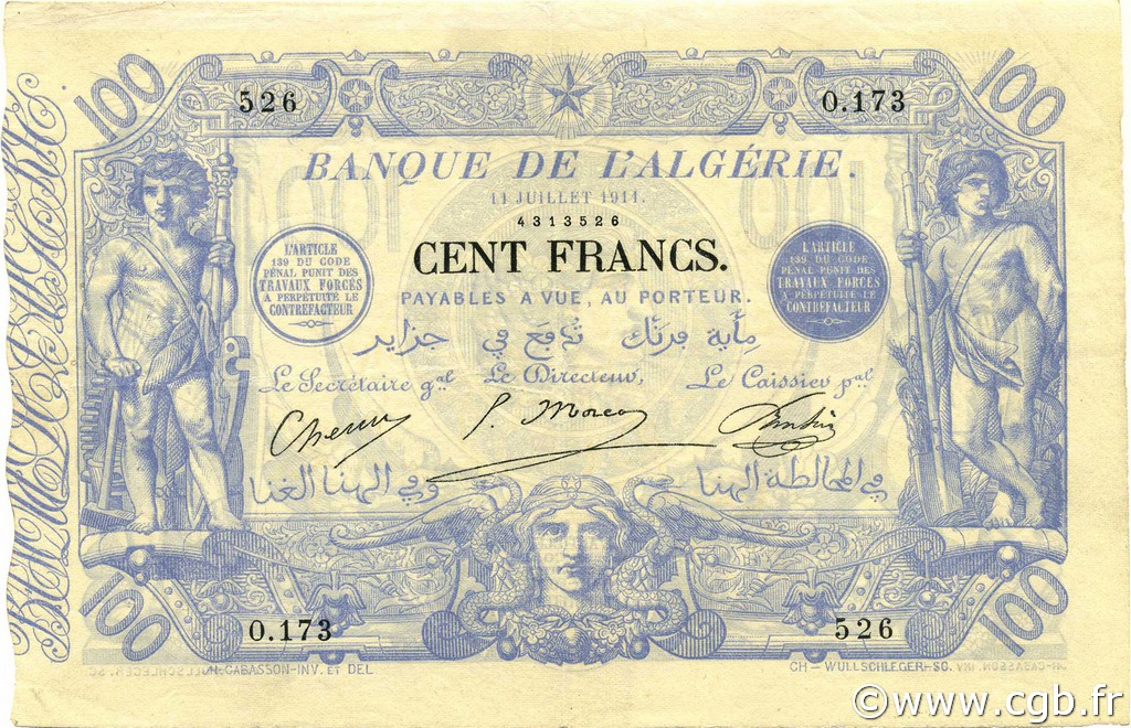 100 Francs ALGERIEN  1911 P.074 fVZ