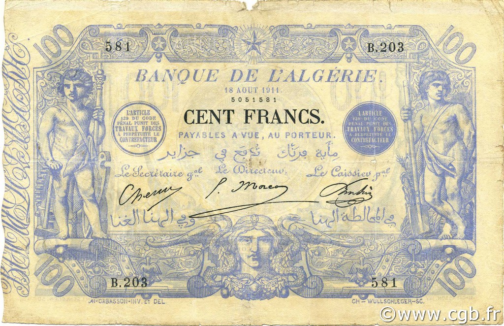 100 Francs ALGERIA  1911 P.074 q.MB