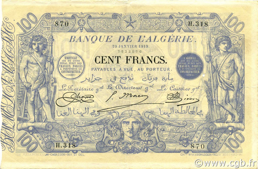 100 Francs ALGERIA  1919 P.074 q.SPL