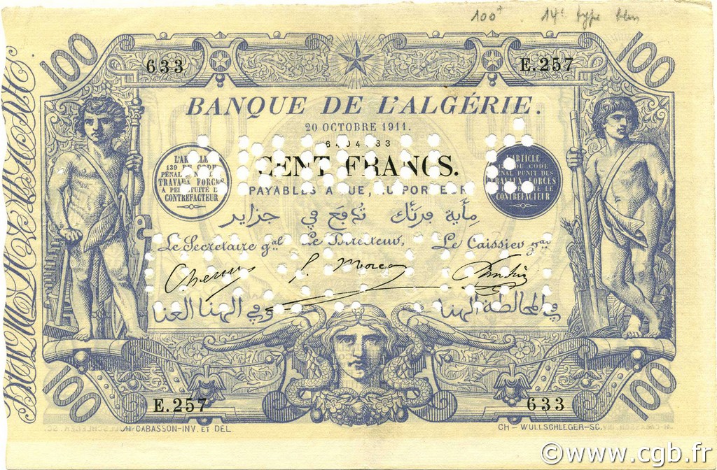 100 Francs Annulé ALGERIEN  1911 P.074s VZ
