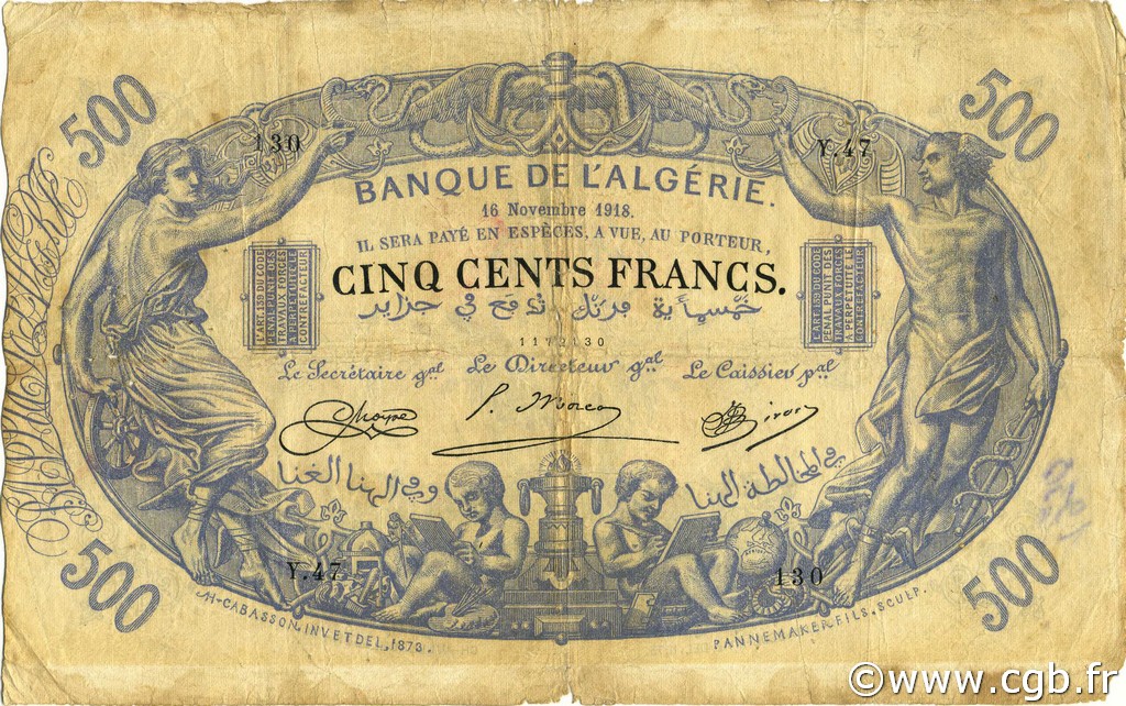 500 Francs ALGERIA  1918 P.075b q.MB