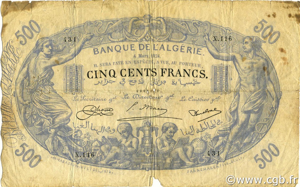 500 Francs ALGERIA  1924 P.075b G