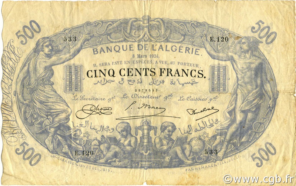 500 Francs ARGELIA  1924 P.075b BC+