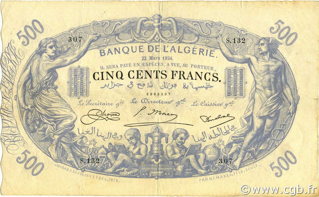 500 Francs ARGELIA  1924 P.075b MBC
