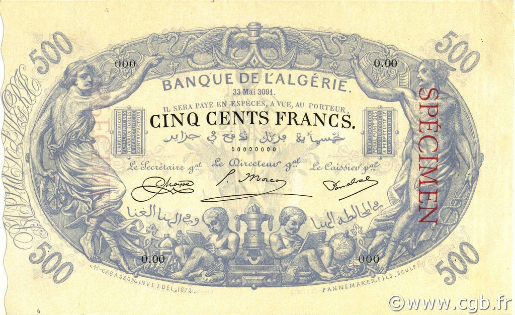 500 Francs ALGERIA  1903 P.075s AU