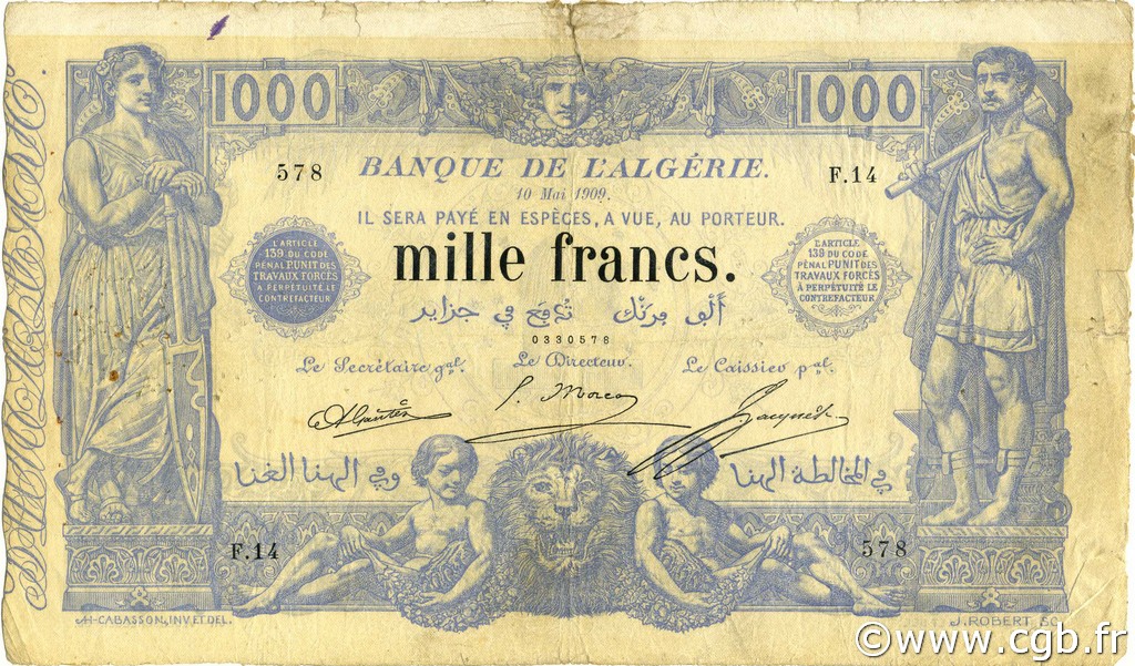 1000 Francs ALGERIA  1909 P.076a F