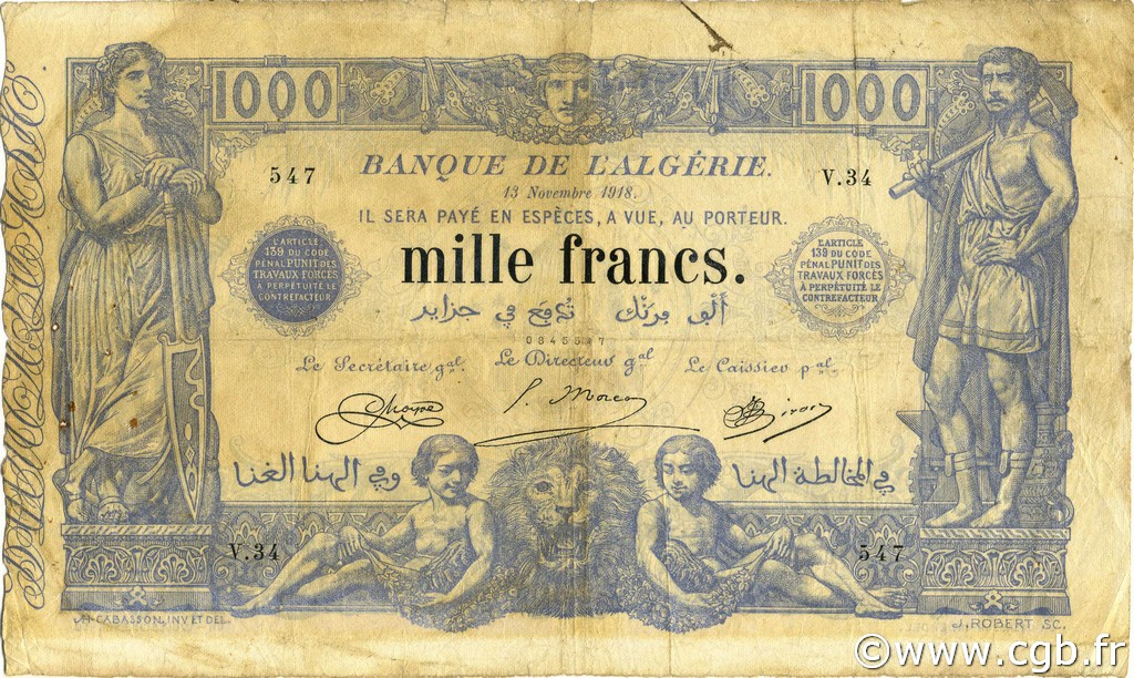 1000 Francs ALGERIA  1918 P.076b MB